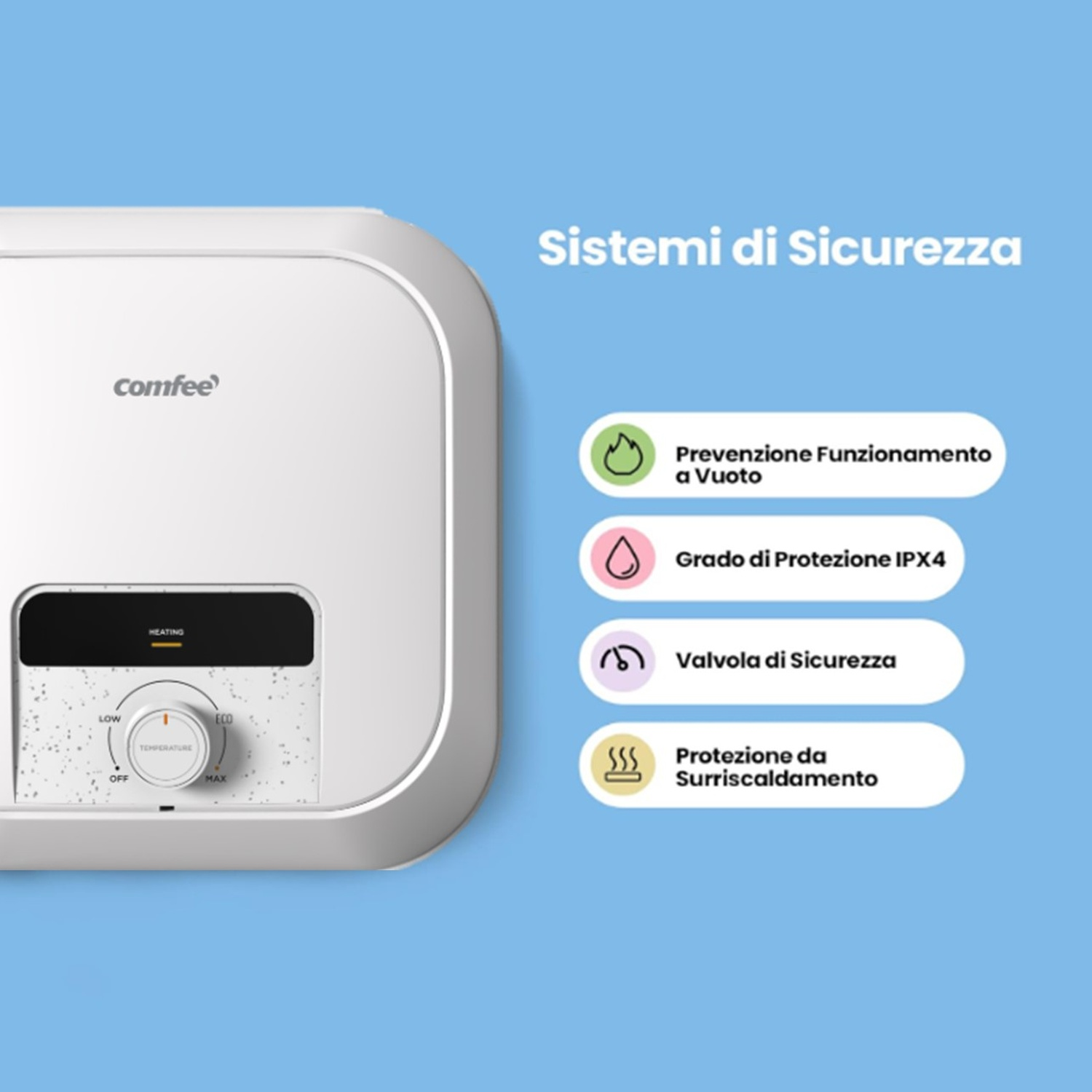 Scaldabagno bianco Comfee con caratteristiche di sicurezza elencate su sfondo blu.