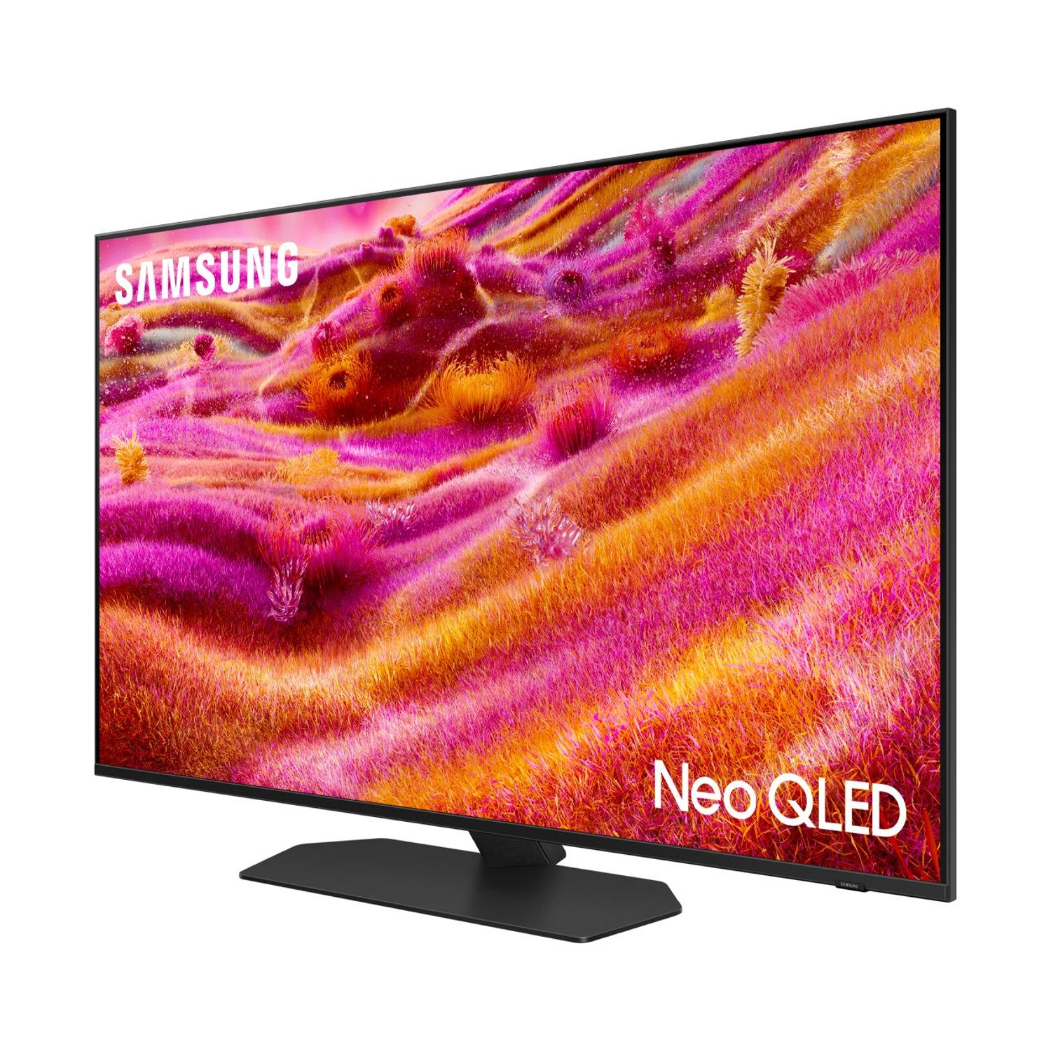 Un televisore Samsung Neo QLED mostra un'immagine astratta colorata sullo schermo.