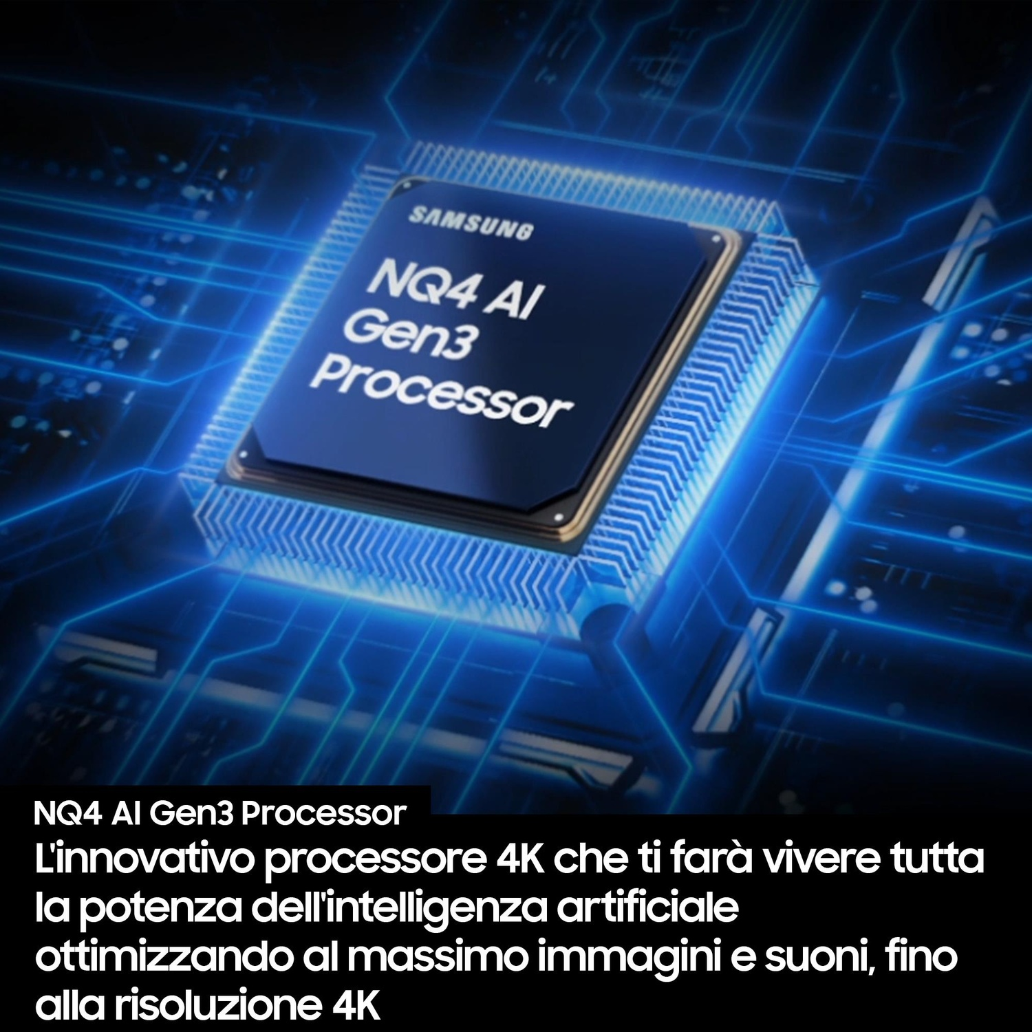 Primo piano di un processore Samsung NQ4 AI Gen3 con circuiti blu sullo sfondo.