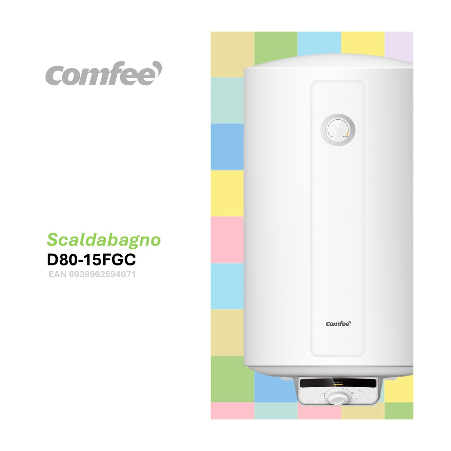 Uno scaldabagno bianco con il logo Comfee, dettagli del modello e un quadrante di controllo. Lo sfondo ha quadrati colorati.