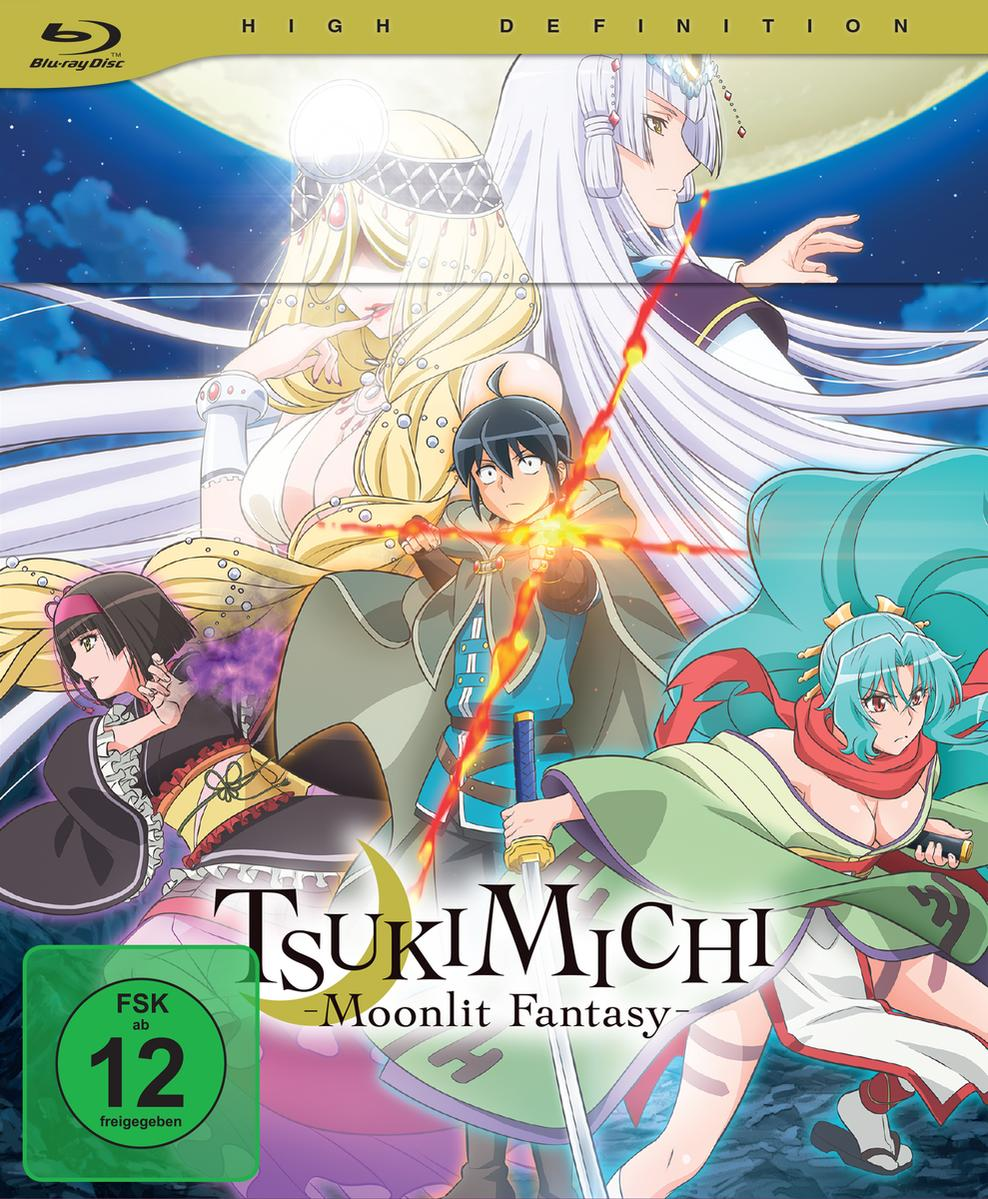 Anime-Blu-ray-Cover mit mehreren Charakteren, Mond im Hintergrund, Titel 'TsukiMichi'.