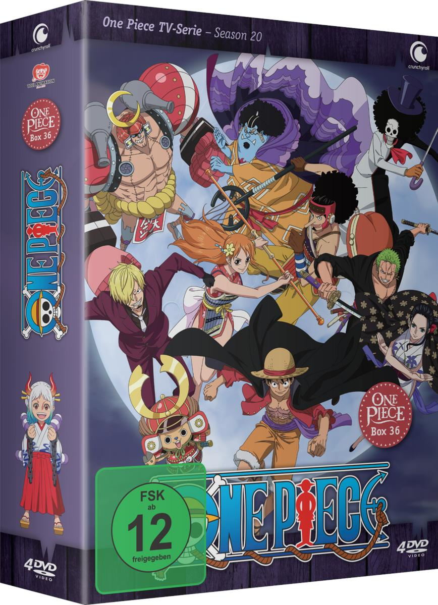 One Piece DVD-Box. Charaktere in Actionposen. Die Box hat einen grünen Aufkleber mit FSK 12 und dem Titel "One Piece".