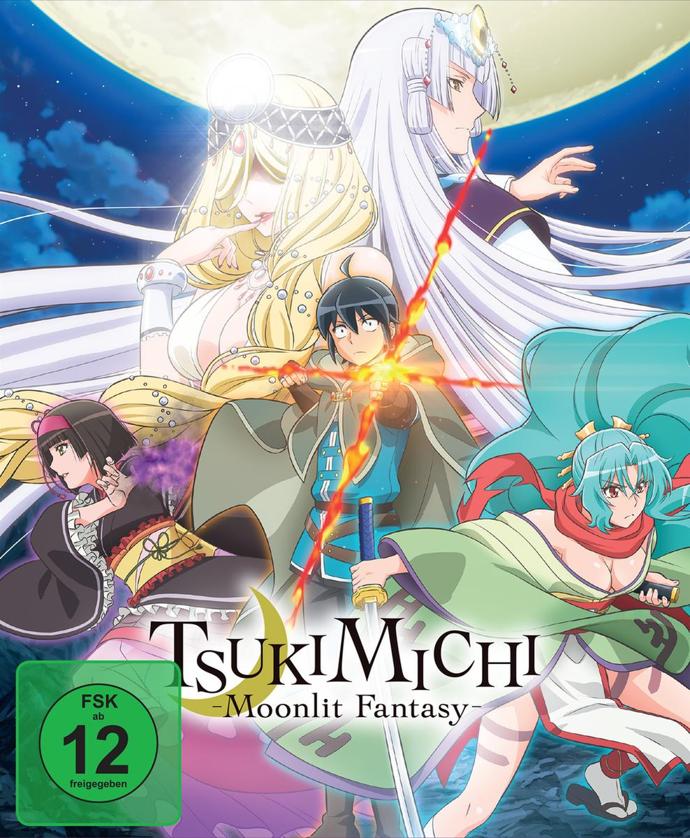Anime-Cover: Charaktere mit Schwertern und Magie vor einem mondbeschienenen Himmel. Titel: TsukiMichi, Moonlit Fantasy. Mit grüner FSK 12-Kennzeichnung.