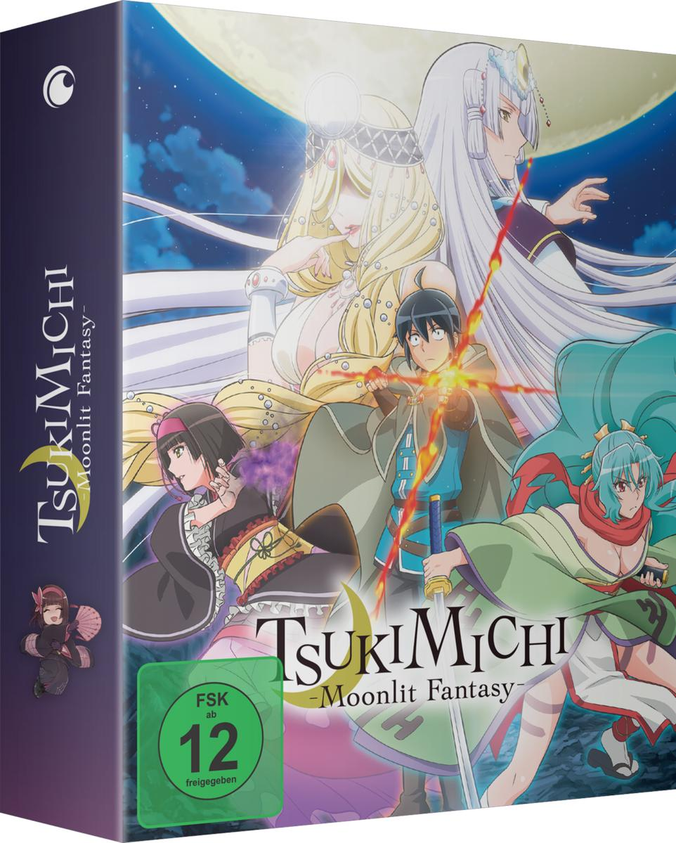 Anime-Box-Art mit mehreren Charakteren, einem großen Mond und dem Titel "Tsukimichi -Moonlit Fantasy."