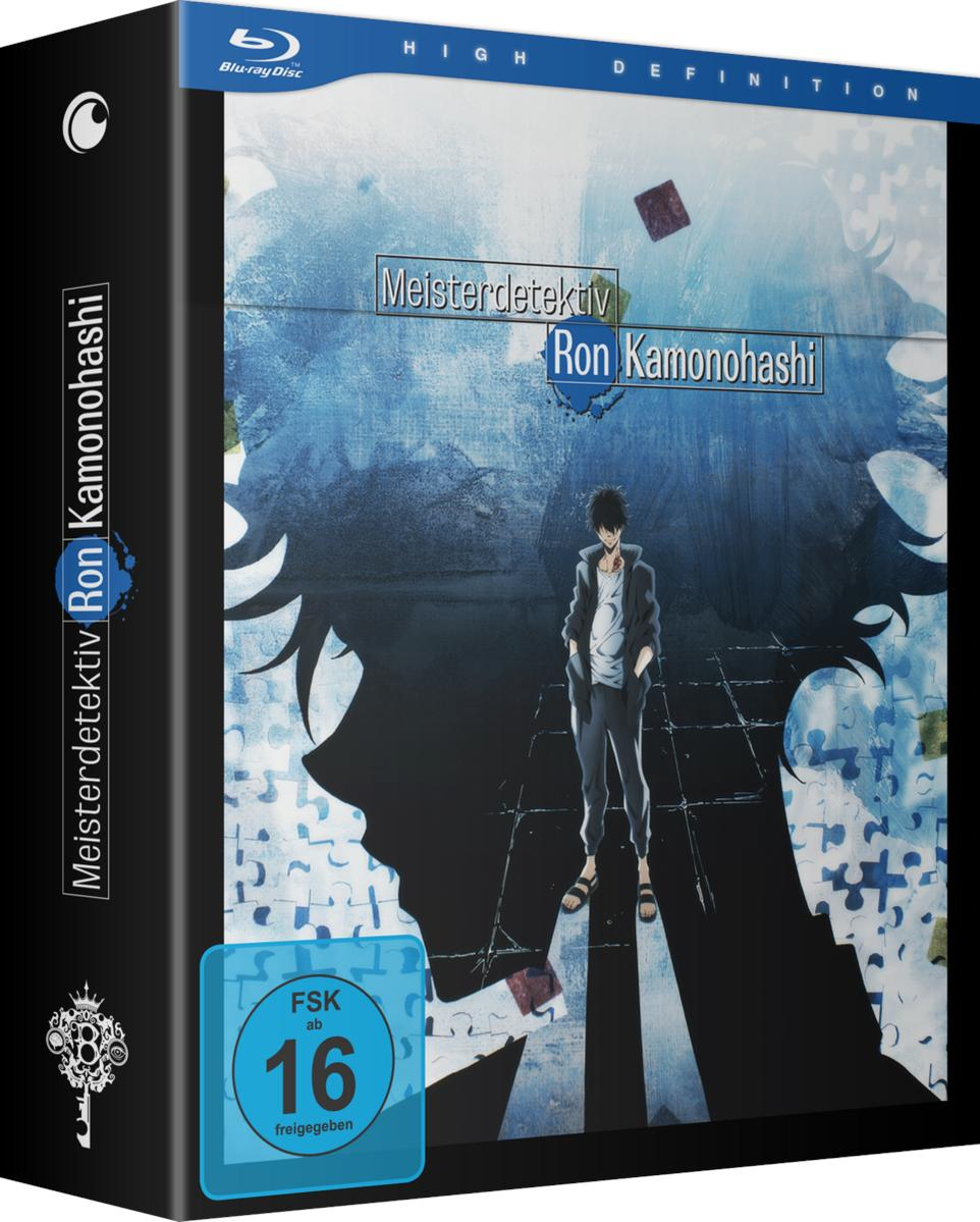 Blu-ray-Box-Art für "Meisterdetektiv Ron Kamonohashi". Enthält eine Charakter-Silhouette, Puzzle-Hintergrund und Altersfreigabe.