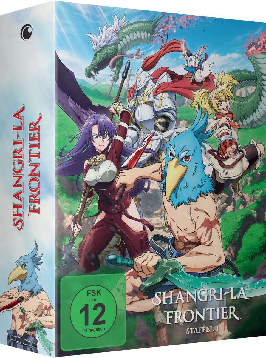 Anime-Box-Art von Shangri-La Frontier. Charaktere umfassen einen vogelköpfigen Krieger, weibliche Krieger und eine weiß gepanzerte Figur, mit einem Drachen im Hintergrund.