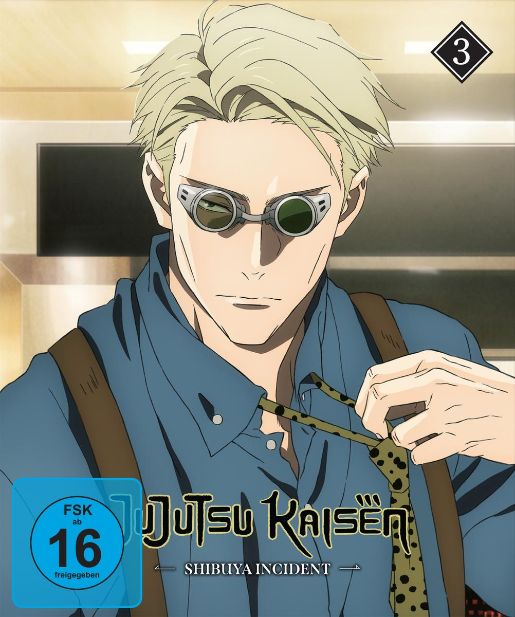 Anime-Charakter mit Brille und blauem Hemd, hält eine gepunktete Krawatte. Der Hintergrund zeigt Text und ein Bewertungsabzeichen.