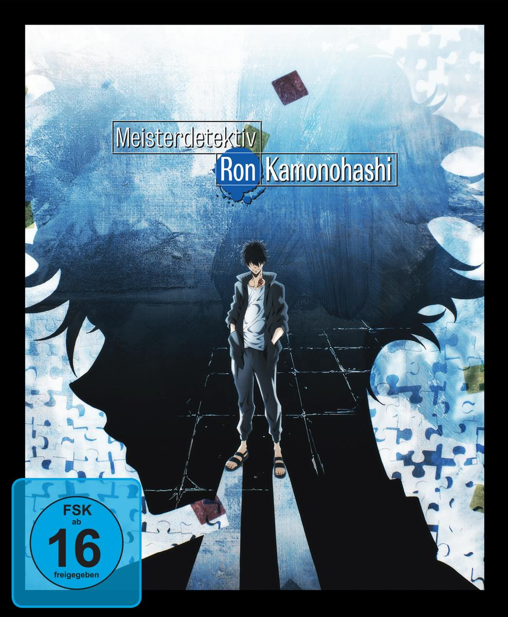 Anime-Cover: Ein Mann steht vor blauem Puzzle-Hintergrund. Text: "Meisterdetektiv Ron Kamonohashi". Unten links: Aufkleber "FSK ab 16".