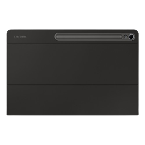 Una funda gris oscuro para tableta Samsung. Tiene una cámara, una ranura y el logotipo de Samsung. La funda está plegada en dos partes.