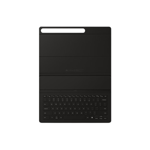 Una funda de teclado para tableta negra está abierta. El teclado está en la parte inferior y la cubierta está plegada en la parte superior. El fondo es negro.