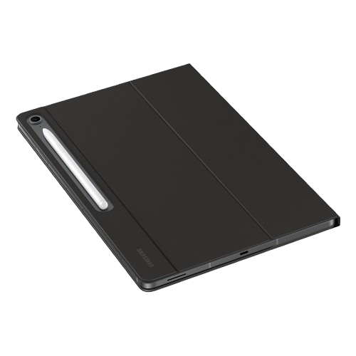 Una tableta negra con una funda y un lápiz óptico blanco sobre un fondo negro. El logotipo de Samsung es visible.