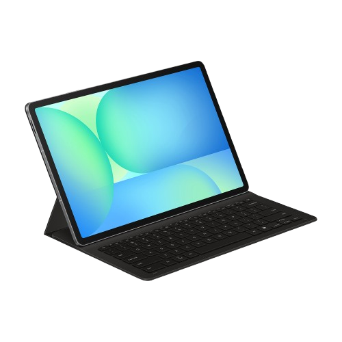 Una tableta con teclado negro está abierta. La pantalla muestra un degradado azul y verde. El fondo es negro.
