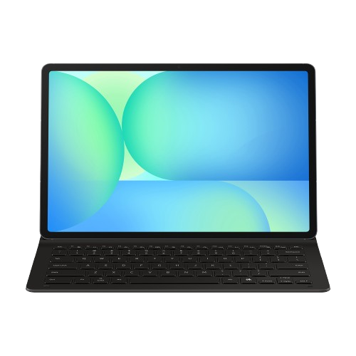 Una tableta negra con teclado adjunto, mostrando un fondo degradado azul y verde. El teclado es visible en la parte inferior.
