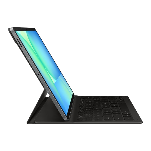 Una tableta negra con teclado está abierta. La pantalla muestra un degradado azul y verde. El teclado es negro con teclas blancas.