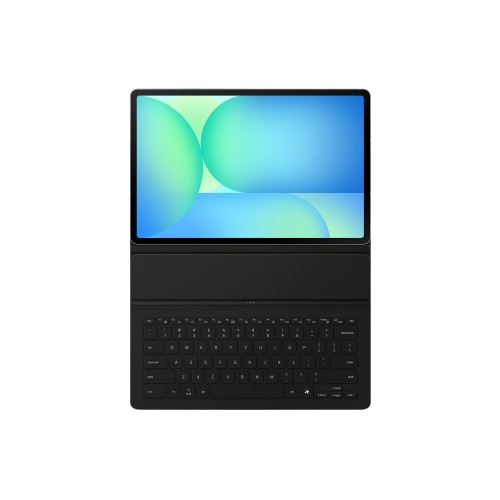 Una tableta negra con teclado está abierta. La pantalla muestra círculos azules y verdes. El teclado tiene letras y números blancos.