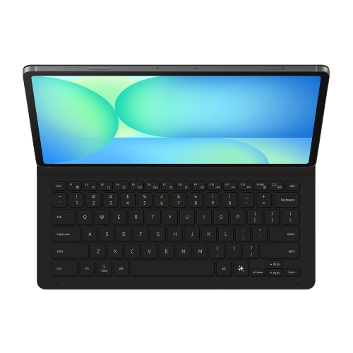 Tableta negra con teclado, pantalla muestra formas borrosas azules y verdes.