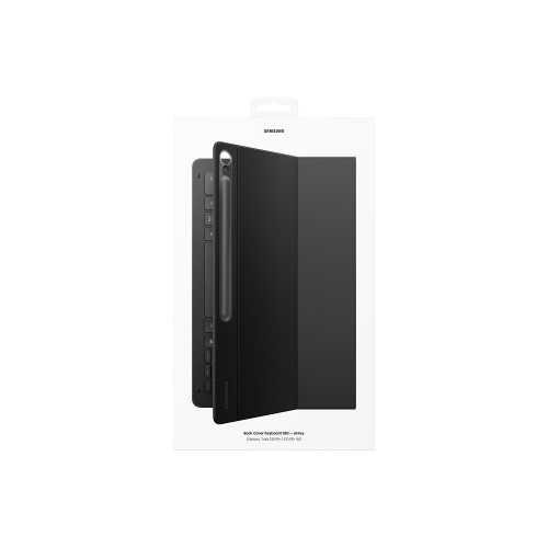 Estuche negro para tableta Samsung con teclado y lápiz óptico sobre fondo blanco, empaquetado en caja.