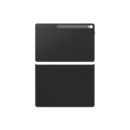 Una funda negra para tableta, la parte superior plegada, con un soporte para lápiz óptico. La parte inferior está desplegada. El fondo es negro.