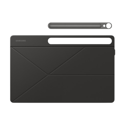 Una funda negra para tableta y un lápiz óptico se muestran sobre un fondo negro. La funda de la tableta está doblada. El lápiz óptico está encima.