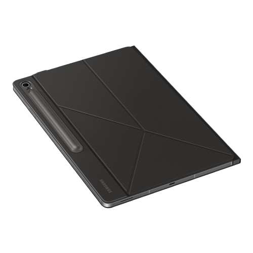 Una tableta Samsung negra con un lápiz óptico y una funda negra. La tableta está en ángulo, con el logotipo de Samsung visible en el lateral.