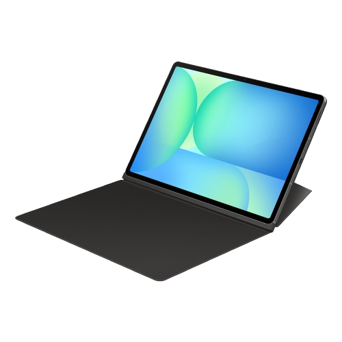 Una tableta con pantalla degradada azul y verde abierta sobre una cubierta negra. El fondo es negro.