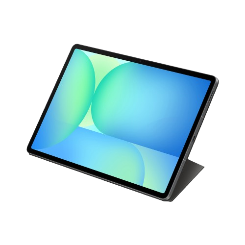 Una tableta con pantalla azul y verde está en ángulo, mostrando un marco negro y una funda gris oscura. El fondo es negro.