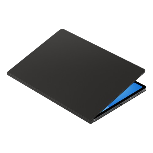 Un portátil negro parcialmente abierto con una pantalla azul. El fondo es negro sólido.