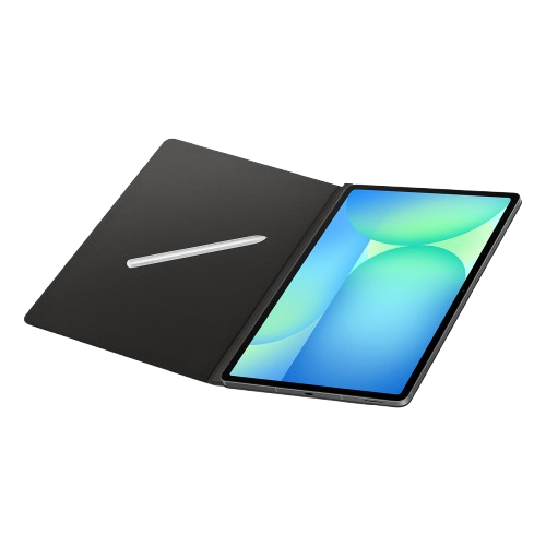 Una tableta con pantalla azul y verde abierta, con un lápiz en la cubierta negra. El fondo es negro.