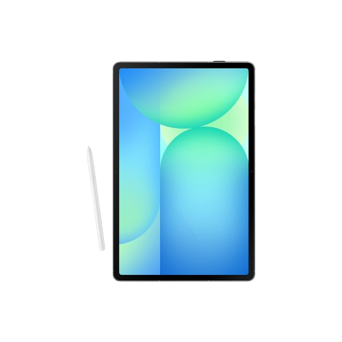Una tableta con pantalla de gradiente azul y verde, un lápiz blanco y un fondo negro.