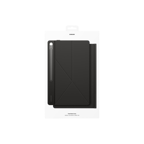 Una funda negra para tableta con un lápiz óptico se muestra en una caja blanca sobre un fondo negro. La caja tiene el logotipo de Samsung.