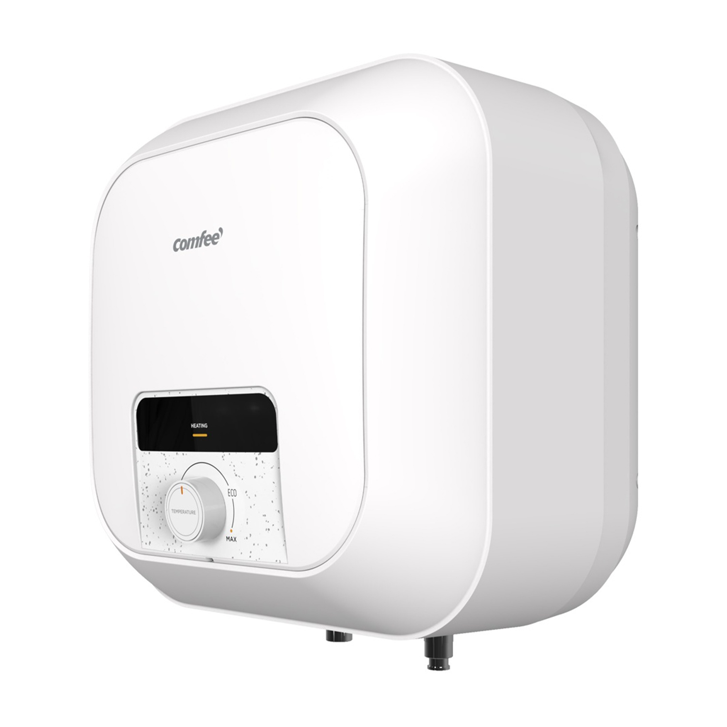 Uno scaldabagno bianco Comfee. Ha un pannello di controllo con un quadrante della temperatura e spie luminose e due tubi neri in basso.