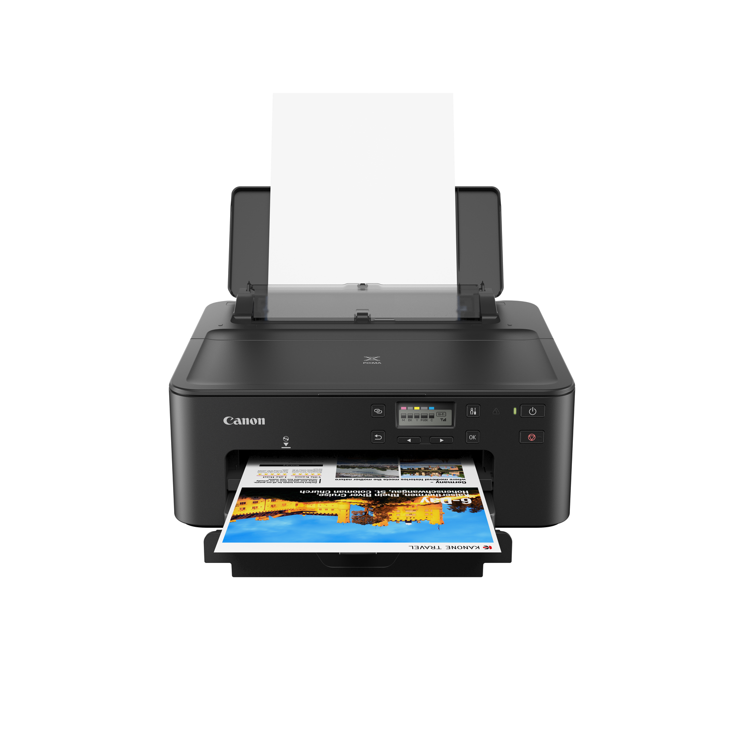 A black Canon printer printing a colorful document, with a white background.