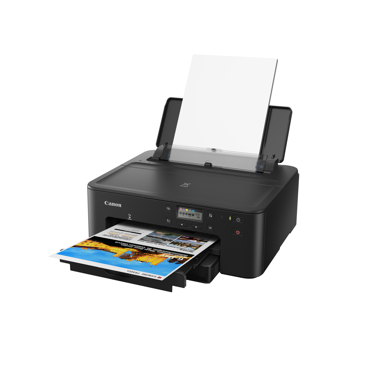 A black Canon printer is printing a color document. A white paper is in the input tray. The printer is on a white background.