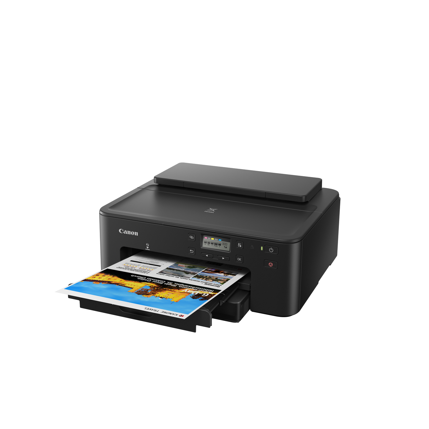 A black Canon printer is printing a colorful document. The printer is on a white background.