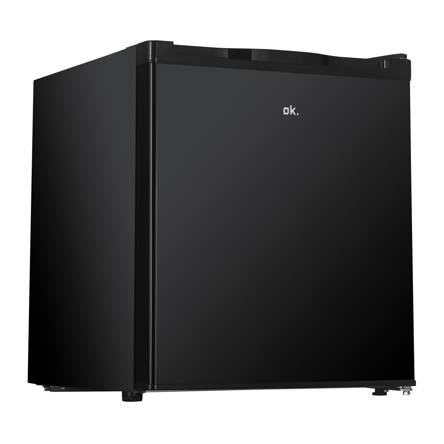 A black mini-fridge on a white background. The fridge has the brand "ok." on it.