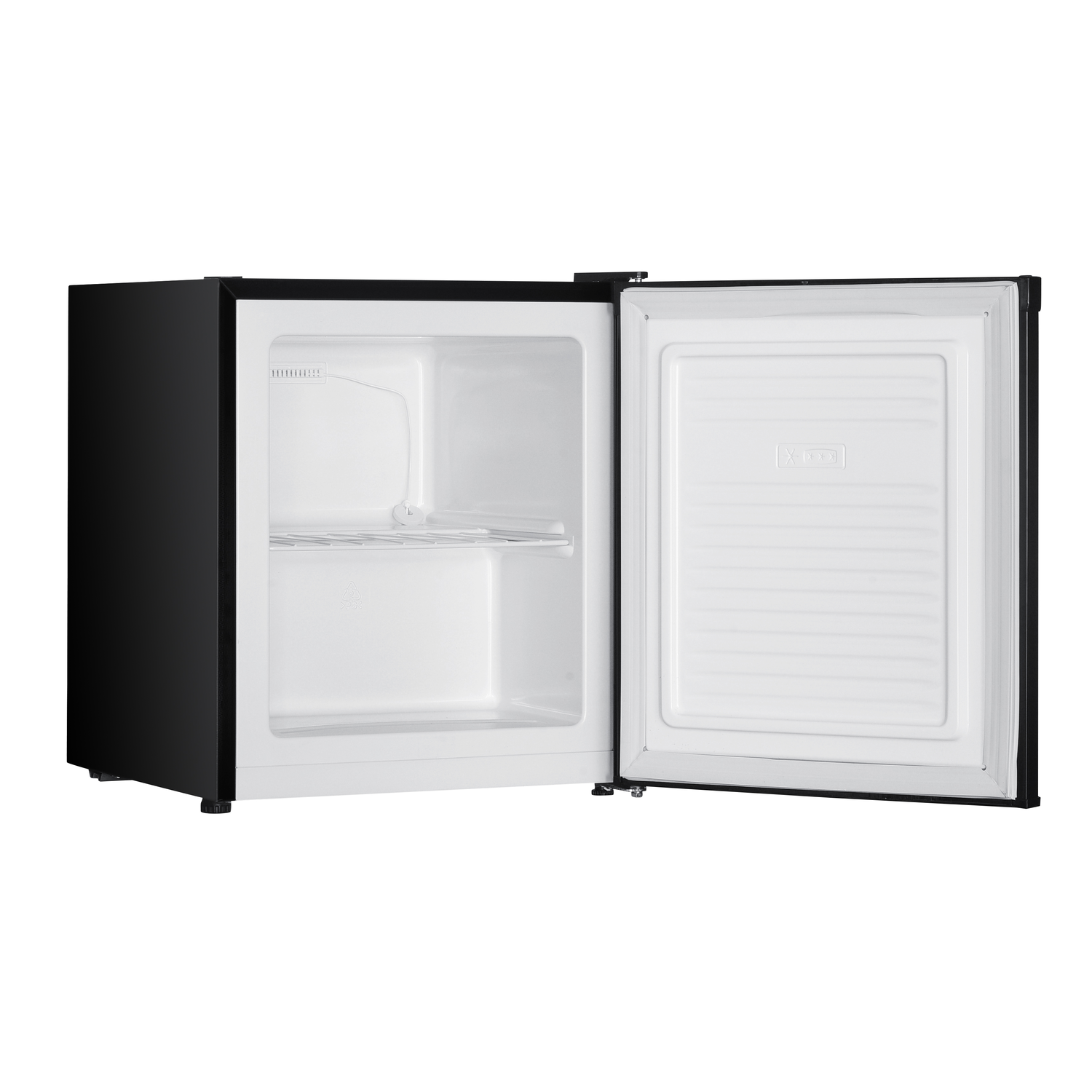 A black mini fridge with the door open, showing shelves.