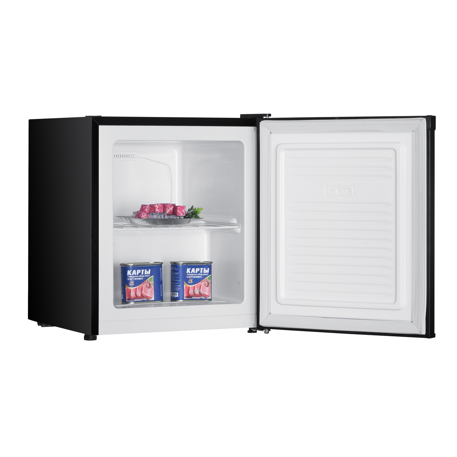 A black mini-fridge with the door open, revealing shelves with food items, including canned goods and meat, against a white interior.