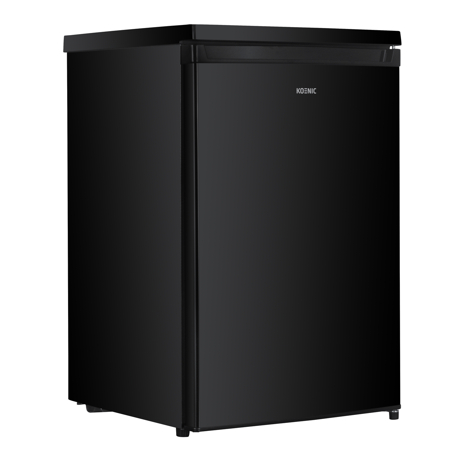 A black Koenic mini-fridge stands against a white background. The fridge has a single door and the brand name is visible.