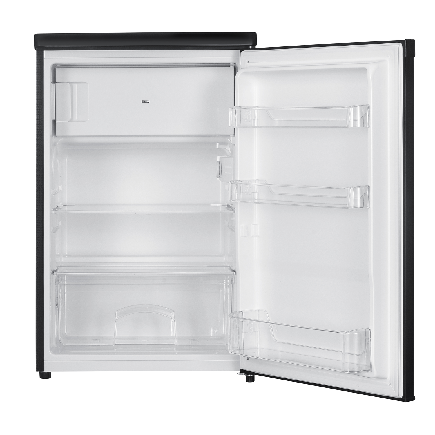 An open black mini-fridge with a white interior. It has shelves and clear plastic compartments on the door. The door is open.