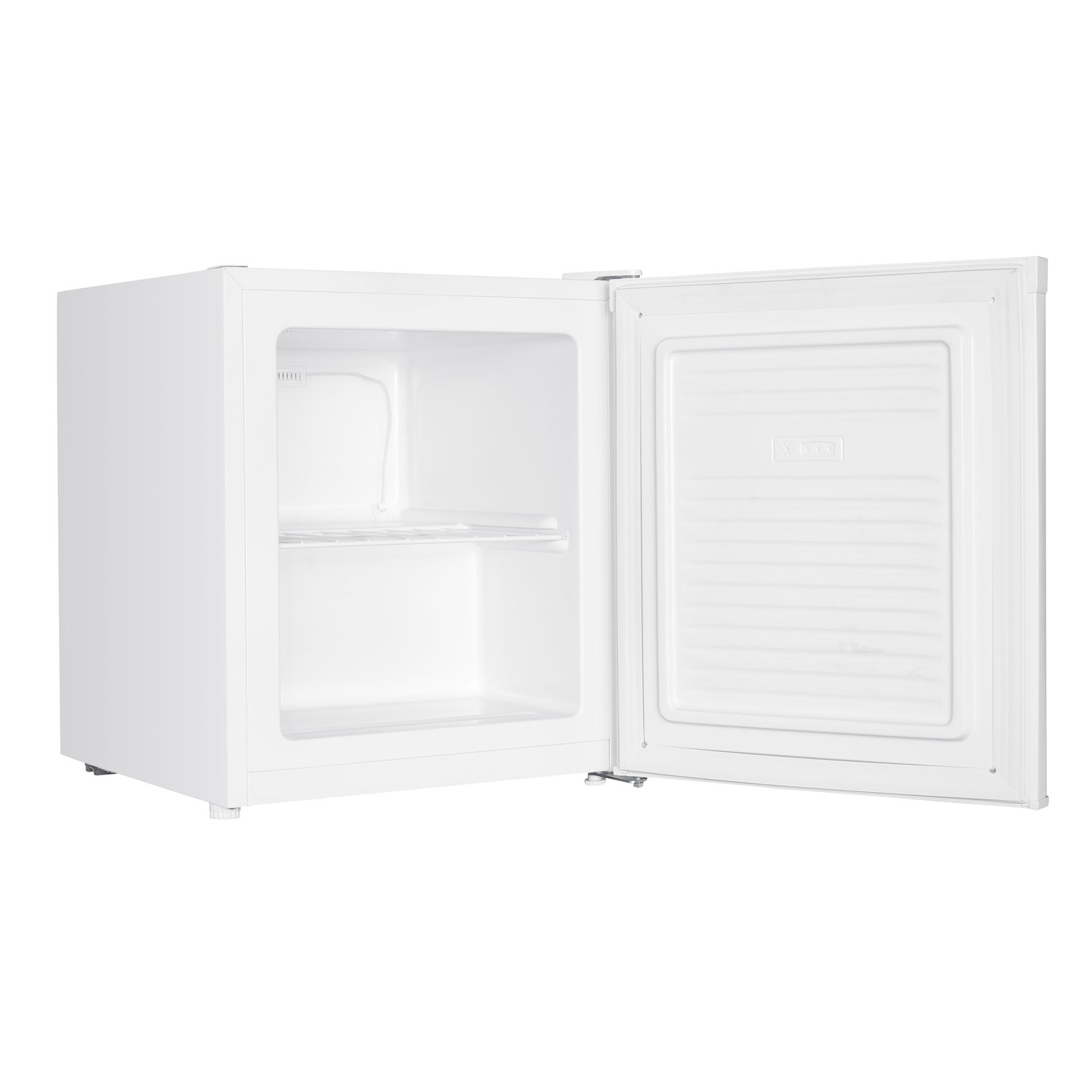 A white mini-fridge with the door open, revealing the interior with shelves. The background is white.