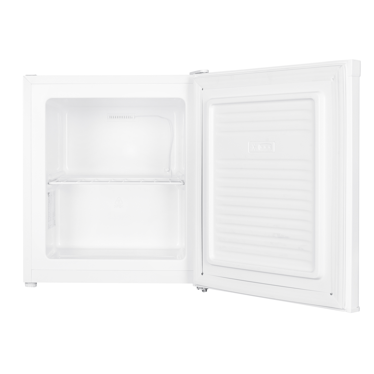 A white mini-fridge with the door open. The interior is empty, with a shelf and a white door. The background is white.