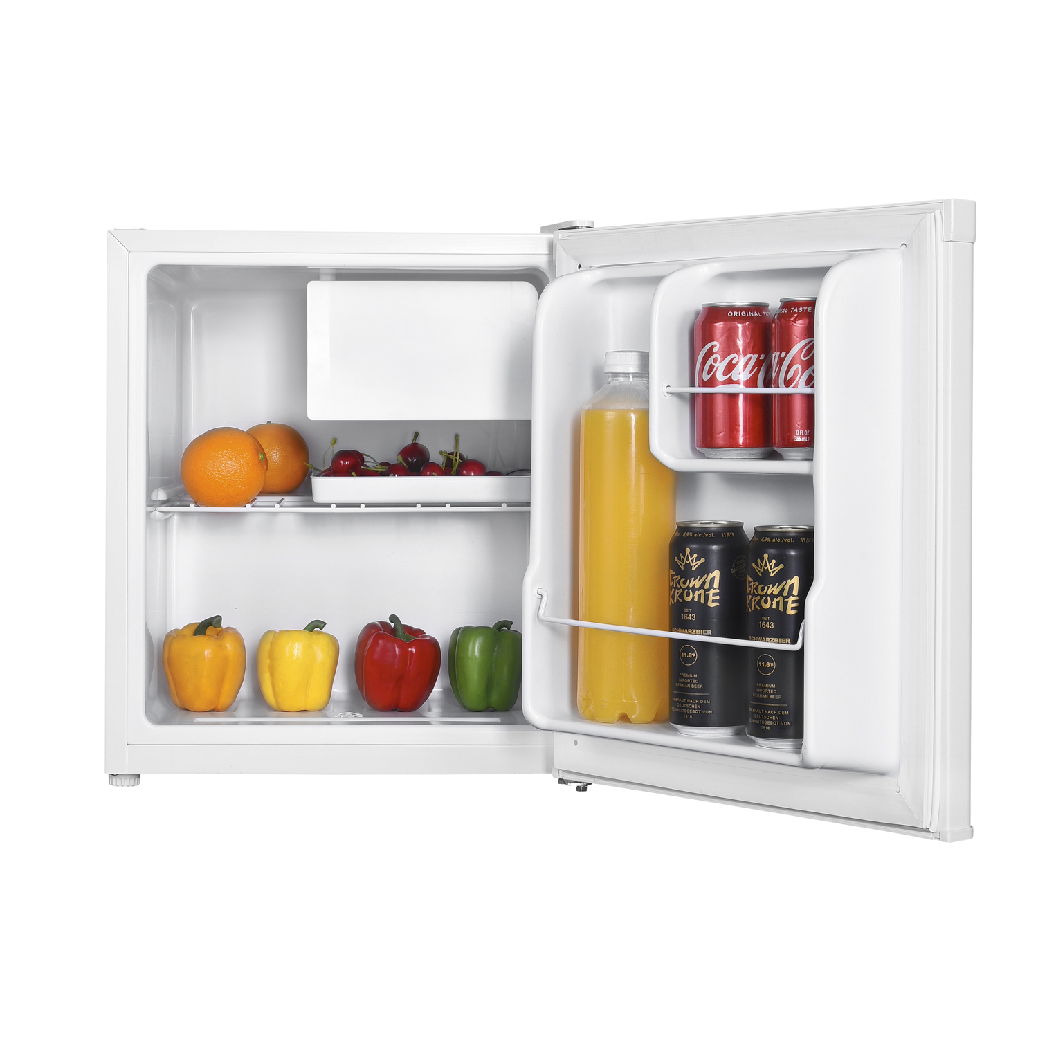 Witte koelkast met open deur, voedsel binnenin, wit interieur.
