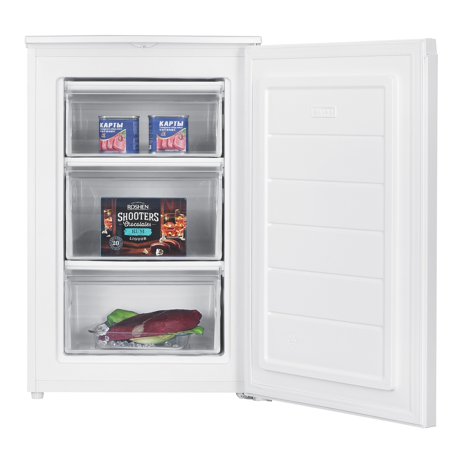 White freezer with open door, showing three drawers with food items. The door is on the right side.