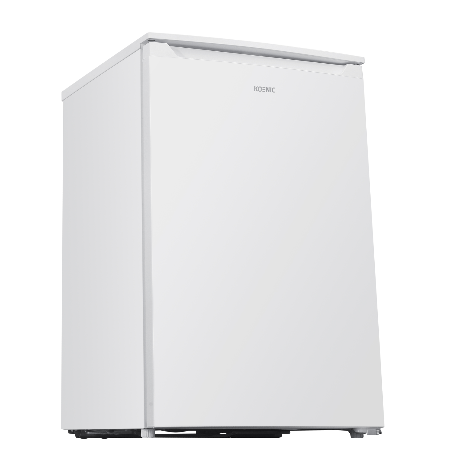 A white Koenic refrigerator stands against a white background. The fridge is slightly angled, showing its front and side. The brand name is visible.