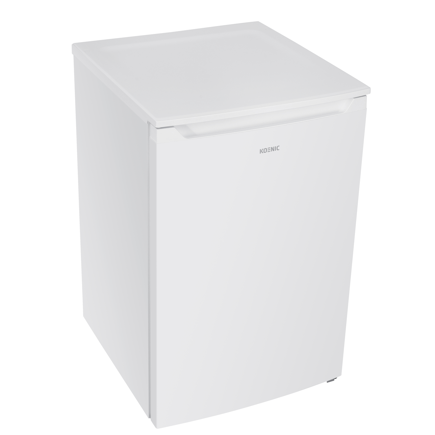 A white Koenic mini-fridge is shown from a high angle. The fridge has a handle and the brand name on the door.