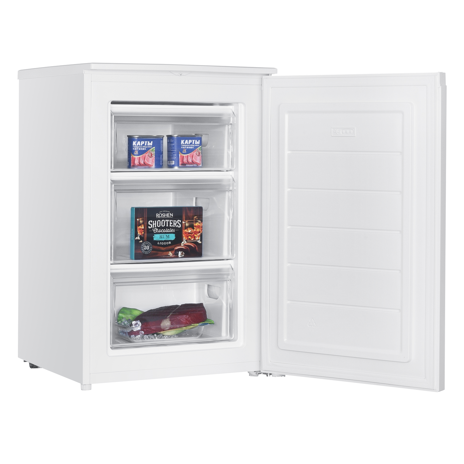 White freezer with the door open, revealing three drawers with food items inside. The freezer is on a white background.