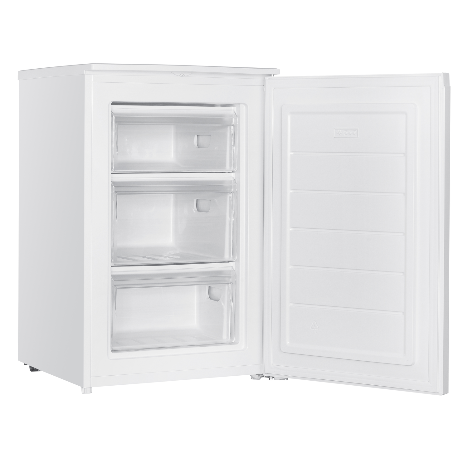 A white freezer is open, revealing three drawers. The door is open to the right. The unit is on a white background.