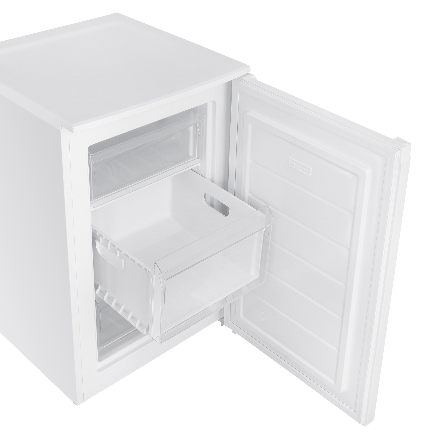 A white freezer with an open door, revealing drawers. One drawer is pulled out, showing its interior. The freezer is on a white background.