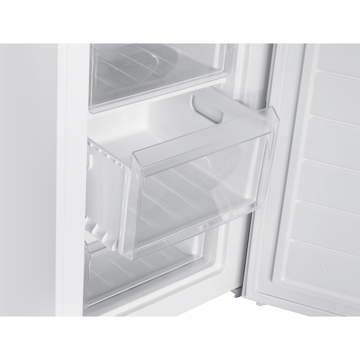 Close-up of a white refrigerator interior. A clear plastic drawer is pulled out, revealing the inside. Other compartments are visible.