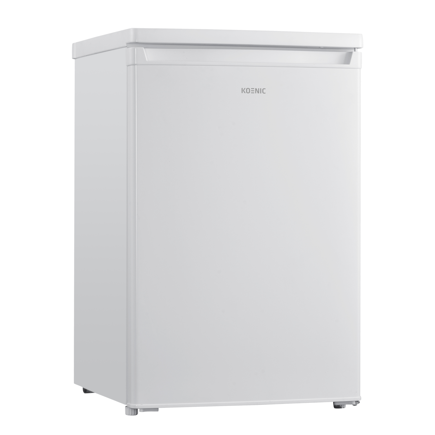 A white Koenic mini-fridge stands against a black background. It has a handle at the top and a logo. The fridge is rectangular.